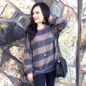 Cotton Bleu Boutique Mocha Gray Striped Cotton Terry Sweatshirt S